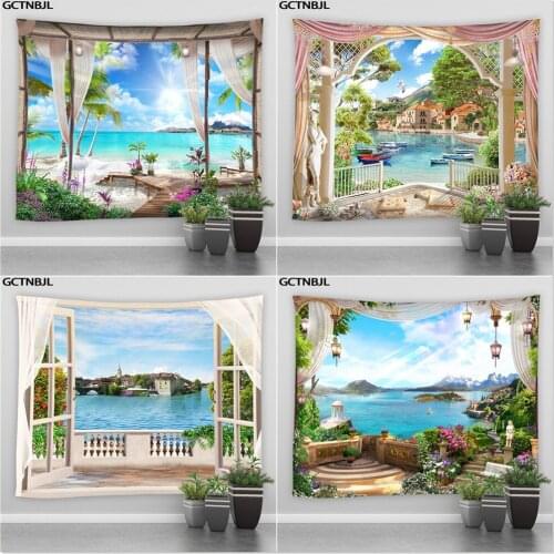 Vintage European Balcony Vacation Wall Hanging Tapestry Nature Landscape Sea Mountain Travel Beach Dorm Boho Decor Wall Blanket