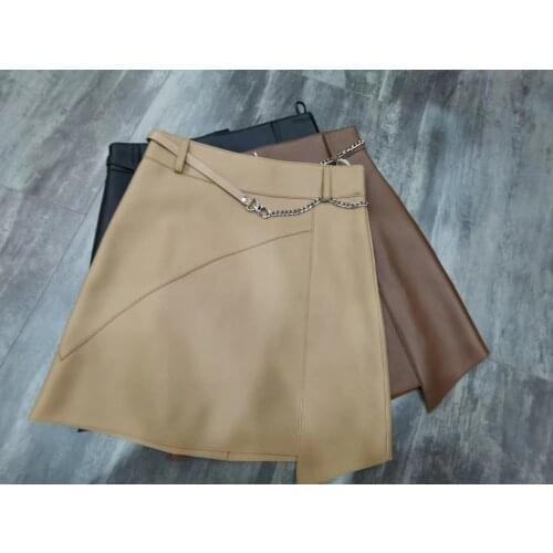 Fyion 2021 Autumn Winter New Fashion Ladies Skirt Chain Real Leather Women Asymmetrical Vintage Mini Solid Skirts