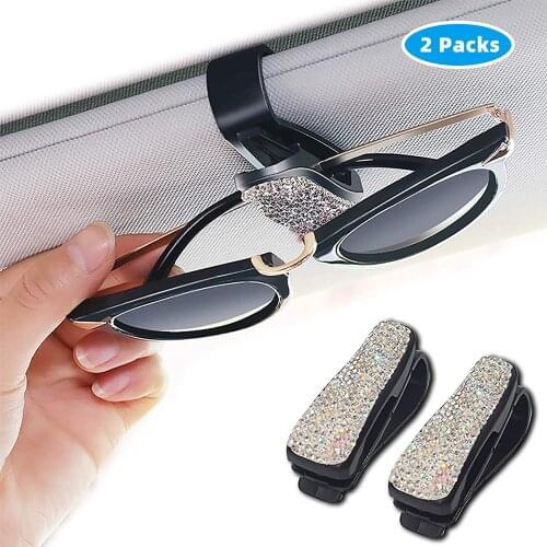 2PCS Bling Bling Rhinestone Diamond Sun Visor Glasses Fastener Clip Sunglasses Eyeglasses Holder Portable Clip Auto Car Ornament