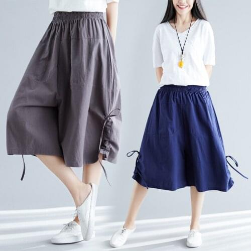 Cotton Linen Women Capris Culottes Trousers Wide Leg Pants Knee Length Harem Pants 2021 Summer Streetwear