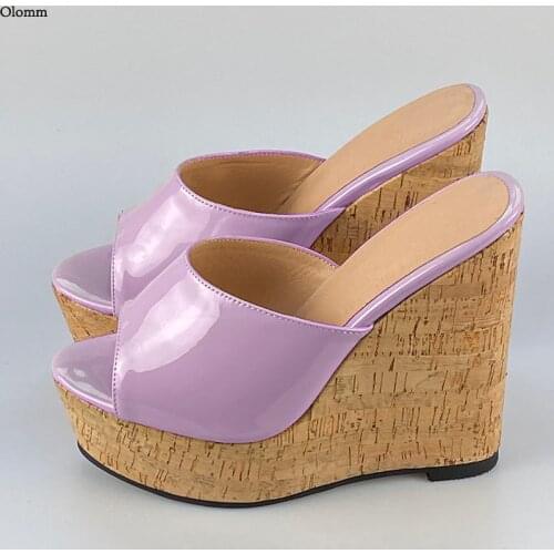 Olomm 2021 Summer Handmade Women Shiny Mules Sandals Wedges High Heels Open Toe Pretty 4 Colors Casual Shoes Women US Size 5-20
