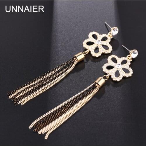 UNNAIER Retro palace Flowers Semi-precious stones Long earring Female Rhinestone tassel Ear jewelry