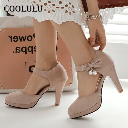 COOLULU 2021 Spring Platform Extreme High Heels Two Piece Women Shoes Bow Spike Heel Dress Pumps Pearl Female Footwear Beige 48