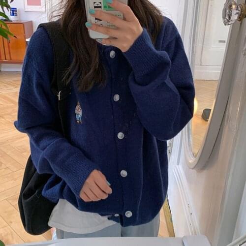 2 colors 2020 autumn korean style cartoon bear embroidery soft knittd cardigans womens loose sweaters womens (F1446