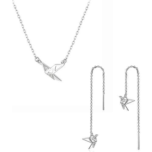 ANENJERY 925 Sterling Silver Simple Paper Crane Necklace+Earrings Long Ear Chain Jewelry Sets For Women Gift