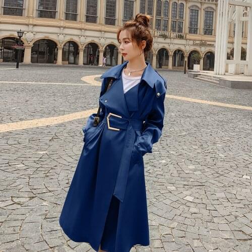 High-end Women Trench Coat Acetate Satin Long Sleeve Loose Windbreaker 2021 New Korean Overcoat Lapel Fashion Spring Autumn coat