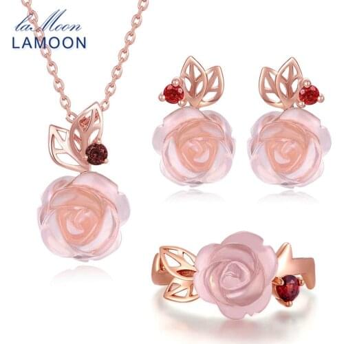 LAMOON S925 Sterling Silver Jewelry Natural Rose Flower Rose Quartz Pink Gemstone Sets For Women Fine Jewelry Bijouterie V033-1