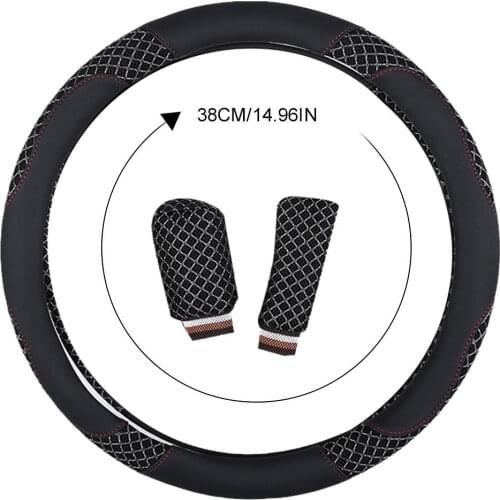 3PCS/Set 38cm/14.96in Car Steering Wheel Cover Winter Non-slip Mesh Leather Steering Wheel Handlebar Handbrake Gear Cover
