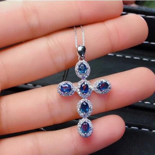 Cross necklace natural sapphire gem blue sapphire gemstone necklace for women silver jewelry 925 sterling silver birthday gift