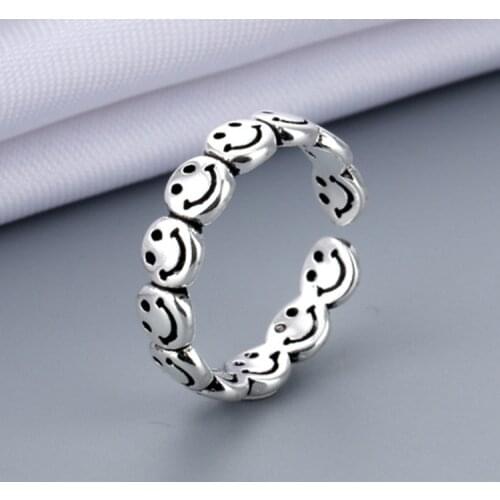 Ancient Silver Color Happy Smiling Face Open Rings for Women Punk Hip Hop Adjustable Ring Fashion Jewelry Best Gift