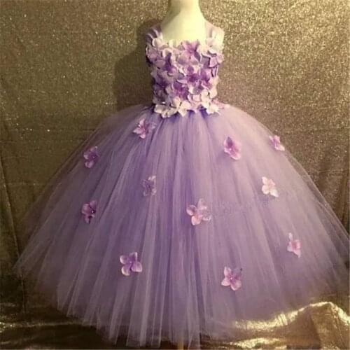 Girls Lavender Flower Petals Tutu Dress Kids Crochet Tulle Dress Ball Gown Children Birthday Wedding Party Costume Evening Dress