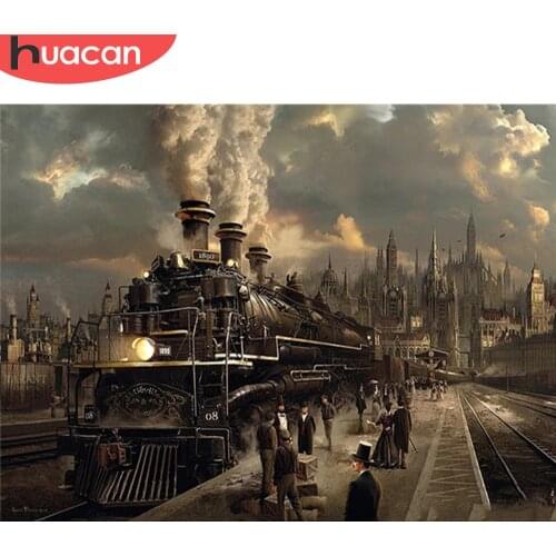 HUACAN Diamond Painting City Full Square Drill Needlework 3D DIY Diamond Embroidery Landscape Mosaic Train Home Decoration