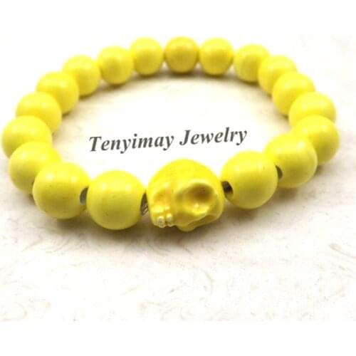 Chinese Style Yellow Skull Charm Bracelets 10mm Ceramic Beaded Elastic Bracelets For Halloween 12pcs Wholesale