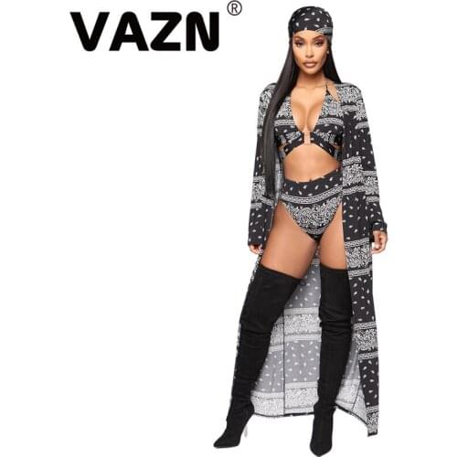 VAZN New Arrival Beach Chiffon Sexy High-end Full Sleeve Open Stitch Cloth 2 Piece Underwear Group Scarf Women 4 Piece Set