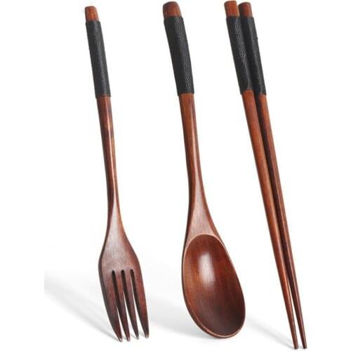 Korean Wooden Tableware Color Wooden Spoon Three-piece Long Set Portable Wood Chopsticks Tableware Handle Spoon Couple P8I4