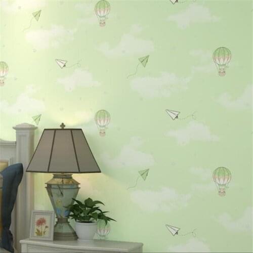 Cartoon hot air balloon green childrens room non-woven wallpaper pink girl boy bedroom bedside background wallpaper Beibehang