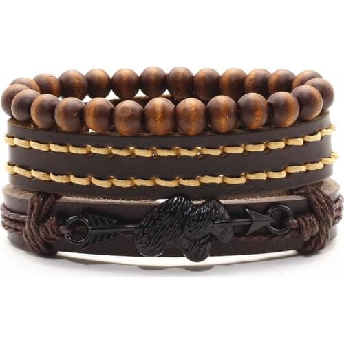 New Vintage 3-4pcs/set TOP Genuine Leather Woven Cross Skull Feather Charm Bracelets Men Women Homme Femme Male Jewelry