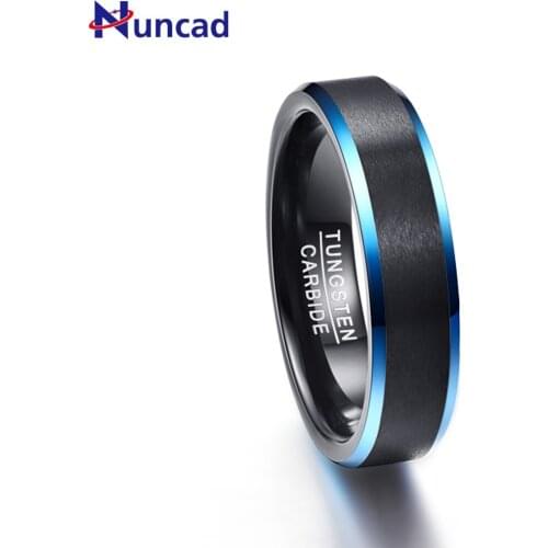 NUNCAD 6MM Blue Beveled Edges Black Tungsten Carbide Ring Matte Brushed Finish Comfort Fit Size 7 to 12