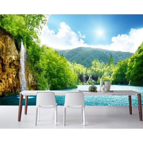 Papel de parede forest waterfall lake landscape 3d wallpaper, living room TV sofa wall bedroom restaurant bar custom murals