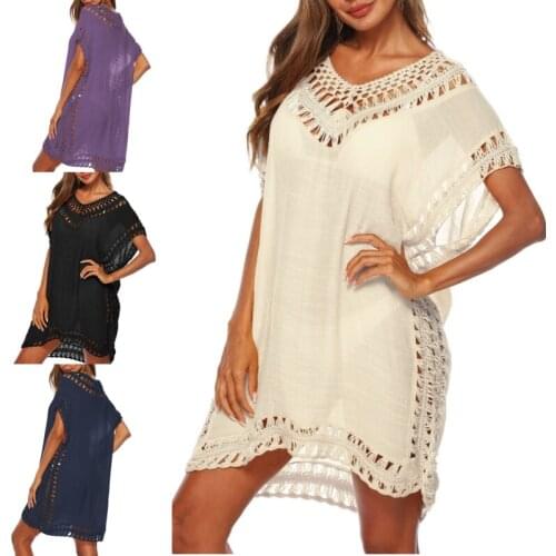 Pure Color V-neck Tops Womens Loose Cotton Fashion T-shirts Stitching Hollow Loose Beach Smock Ladies Casual Short-sleeved Tops
