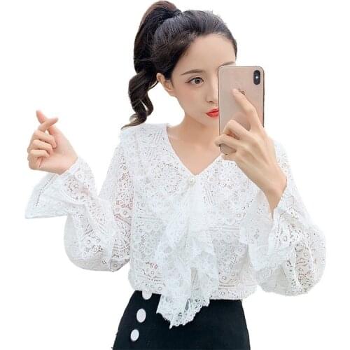 Autumn Women Blouses Flared Sleeve Lace Shirt Blouse Women V-neck Ruffle Shirt Blusa Feminina