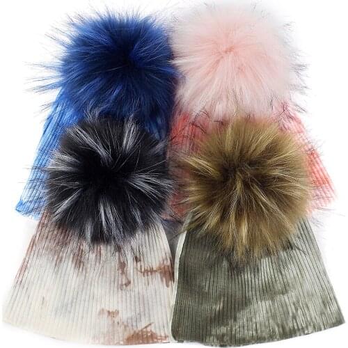 Multicolor Tie Dye Ribbed Hats Newborn Baby Toddler Cotton Soft Cap Faux Fur Pompom Beanie Warm Hat Accessories