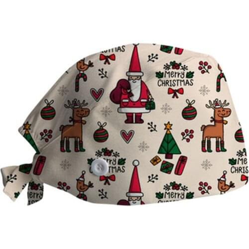 Christmas Scrub Caps with Buttons Cartoon Printed Bandage Adjustable Hats Salon Beauty Working Caps Nuring Accessories Workwear