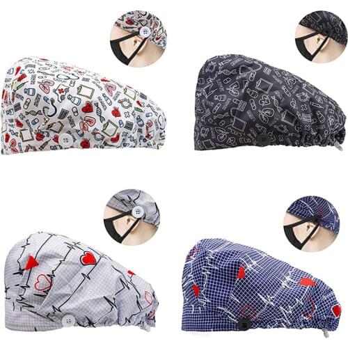 Scrub Caps with Buttons Printed Cotton Sweatband Hats For Women Hair Cover Adjustable Nursing Workwear Bouffant Caps Accessories