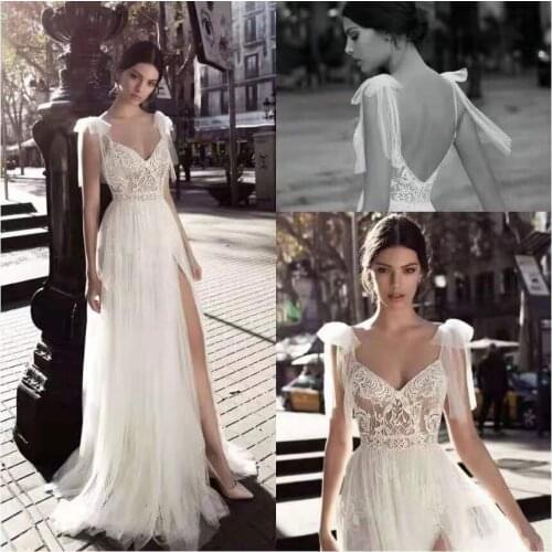 High Slits Wedding Dresses Backless Bohemia Sexy Spaghetti V Neck Lace Appliqued Bridal Gowns Wedding Dress Vestido De Noiva