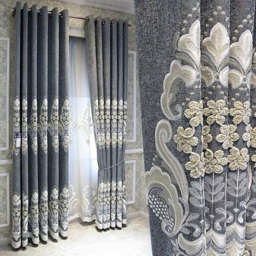 Custom Curtains European Court Embroidered High-end Luxury Gray Cotton Linen Thick Cloth Blackout B266 Curtain Drapes Tulle