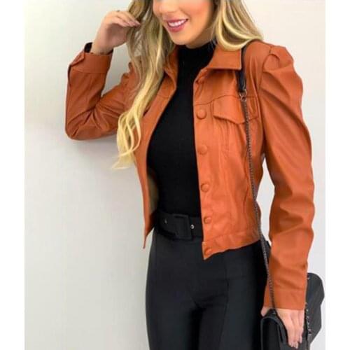 Women Fashion Faux Leather Long Sleeve Buttons Jacket Coat Short Slim Outerwear