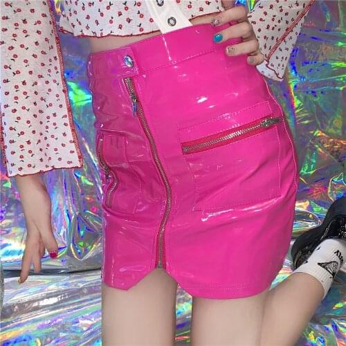 Women Skirt PU Leather Short Cool High Waist Hot Girl Sexy Bag Hip Red Solid Pockets Mini Vintage Casual Girl Harajuku Skirts