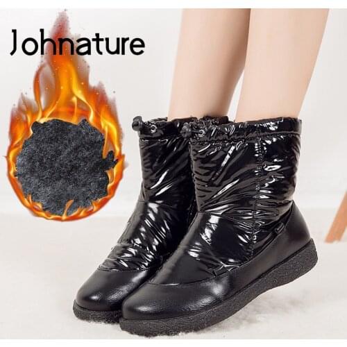 Johnature Snow Boots Warm Ankle Women Shoes Waterproof Round Toe Plush Zip Lace-up Flat With Leisure Sewing Platform Boots