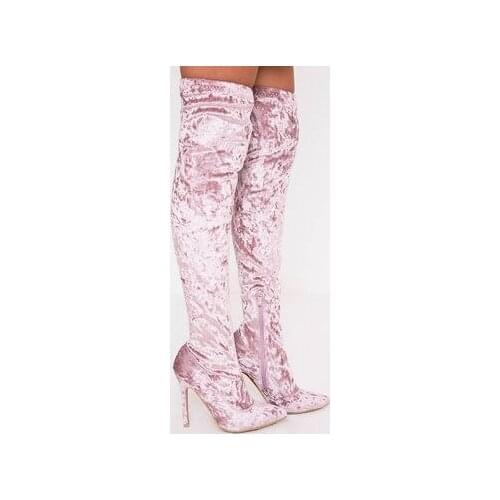 Women Princess Stylish Pink Velvet Long Boots Over The Knee Sweet Young Girls Dress Boots Shiny Thin High Heels Shoes Dropship