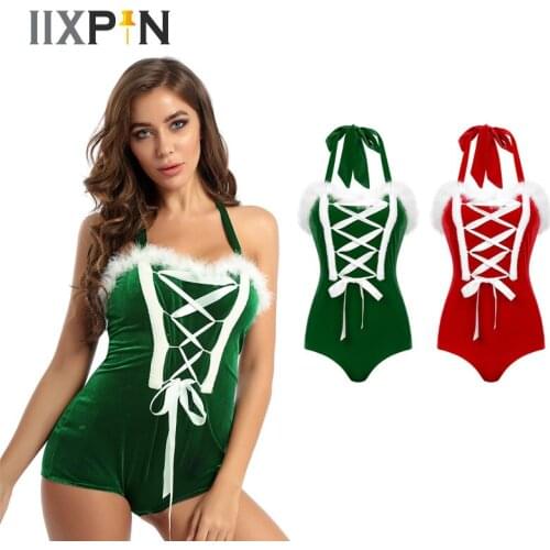 Ladies Flannel Jumpsuit Sleeveless Rompers Lingerie Bodysuit for Christmas Party Cosplay Costume Ball Sexy Pole Dance Costumes