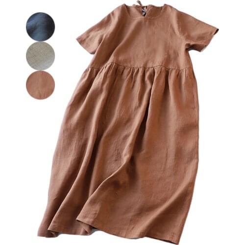 Fine Branch Pure Flax Back Chalaza Short Sleeve Dress Easy Literature Longuette 2019 A Summer dress 2020-05