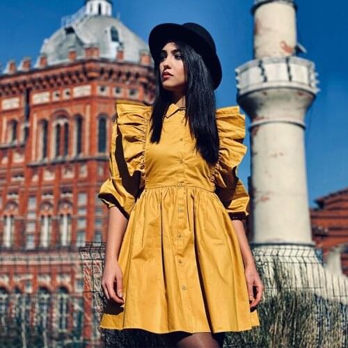 Chic ruffle half sleeve dress women autumn winter solid yellow beach dress vintage puff sleeve pocket dress office ladies dress