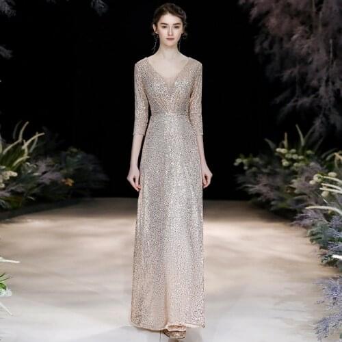 Sexy V-Neck Long Sleeve Sequins A-Line Evening Dress Women Back Zipper Formal Gowns Robe De Soiree Cheongsam 3XL