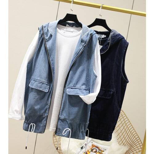 2021 New Spring Autumn Women Korean Casual Denim Waistcoats Ladies Vintage Loose Hooded Vests Oversized Sleeveless Clothes aq176