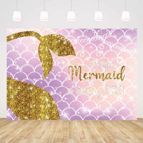 Gold Fishtail Mermaid One Birthday Photo Backgrounds Newborn Baby Shower Fish Scales Customize Backdrops Photography Table Decor