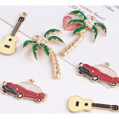 10pcs Korean Summer Earrings Dangle Earrings Drop Oil Alloy Pendant Material Coconut Tree Guitar Classic Car Jewelry Accessories