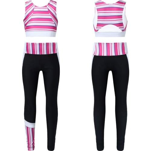 Kids Girls Trackusit Sleeveless Racer Back Stripes Tops Running 2Pcs Outfits Patchwork Pants Trousrs Children Gymnastics Wear