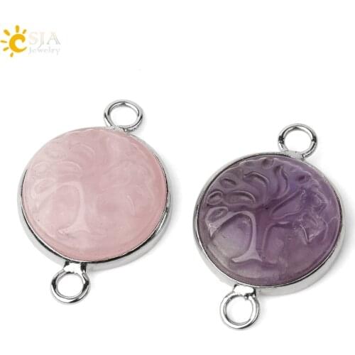 CSJA Double Hole Natural Stone Connector Cabochon Life Tree Charms for Jewelry Making Earrings Bracelet Necklace Components G416