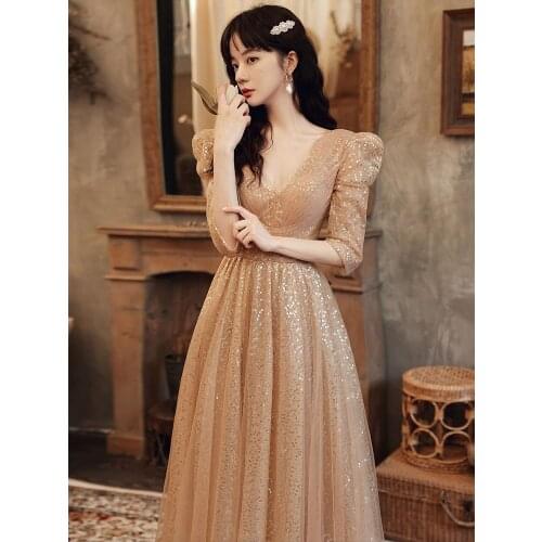 Elegant Champagne V-Neck Long Evening Dresses For Women Vintage Sequin A-Line Floor-length Prom Gown