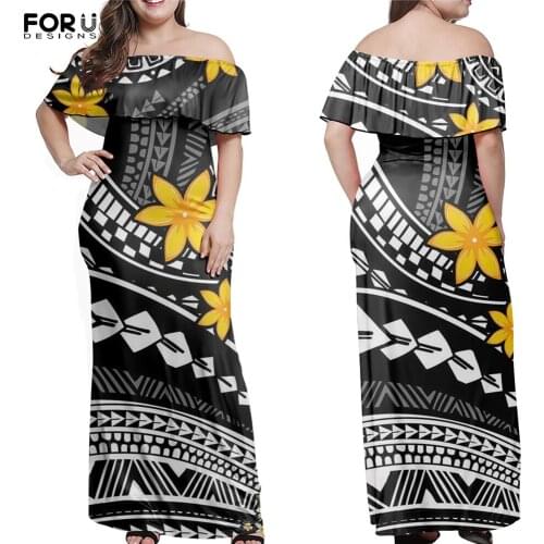 FORUDESIGNS Polynesian Tribal Symbol And Hibiscus Print Womens Ruffle Off Shoulder Dress Comfortable Beach Slim Long Dresses