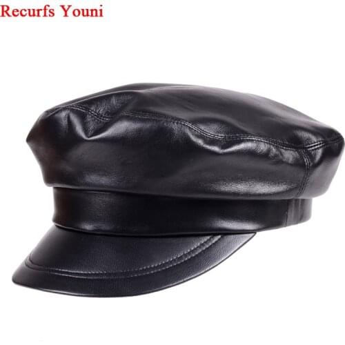 Stylish 2020 Winter Femme Genuine Leather Short Brim Thin Hats Women Steetwear Black/White Caps Men Korean Navy Style Casquette