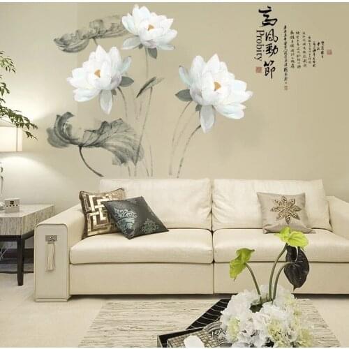 Chinese Lotus For Home Decor Wall Sticker TV Wallpaper Mural Wall Art Decal Kids Babys Living Room Bedroom Aesthetic Decoration