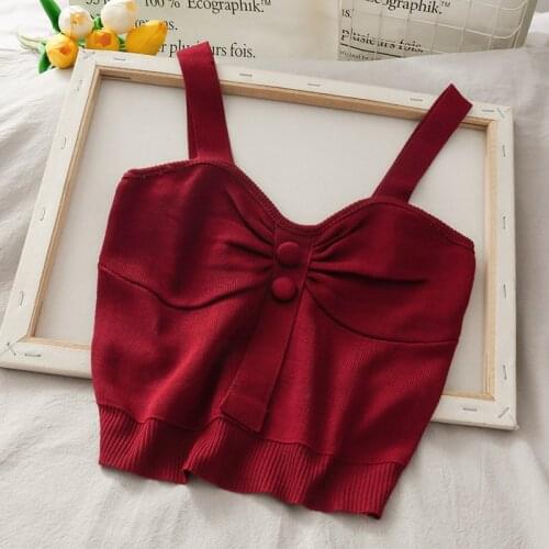 Heliar Women Knitted Crop Top Ruched Front Button Strappy Sweetheart Short Top Summer Vacation Going Out Sexy Hot Vest New