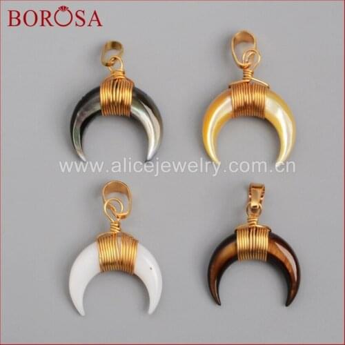 BOROSA Gold Color Wire Wrap Crescent Multi-kind Shell Pendant Abalone Shell Double Horn Pendant for Necklace & Earrings WX021