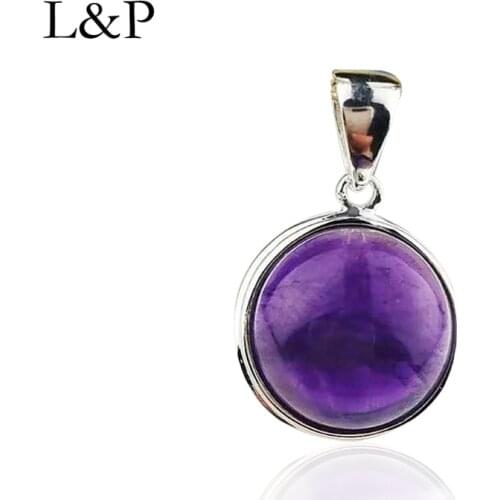 L&P Elegant Amethyst Pendant For Lady Authentic 925 Sterling Silver Round Purple Pendant Necklace Fine Jewelry Wedding Gift